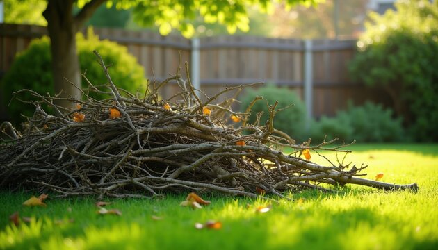 Cut tree branches lie in a pile on green grass in a sunny backyard. Yard work, garden cleanup, and autumn pruning debris are visible against rich foliage and a wooden fence.
