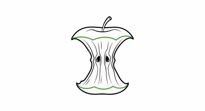 Stylized illustration of an apple core with a stem and green accents