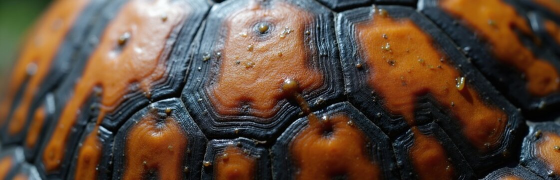 Macro shot of textured orange and black turtle shell pattern. Detailed geometric scales form natural protective armor. Small water droplets glisten on surface.