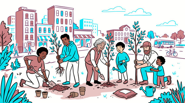 Community volunteers planting trees in a city park, creating a greener urban environment and fostering neighborhood connection