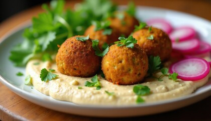 Fototapeta premium Crispy falafel balls rest on creamy hummus with fresh greens and pickled radishes. This plant-based meal offers rich flavor and vibrant colors perfect for healthy eating.