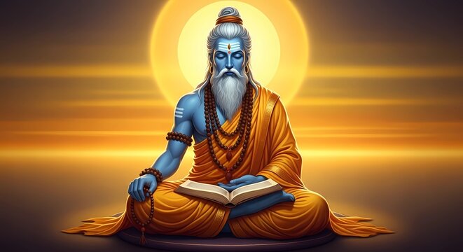 Lord Veda Vyasa meditating and reading ancient scriptures with divine sun halo.