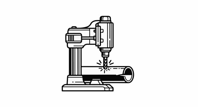 Stylized drill press precisely bores a hole into a metal pipe