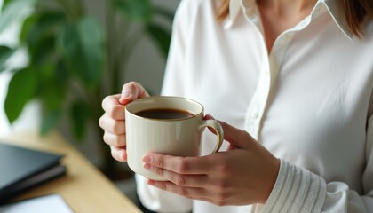 Fototapeta premium Woman holds ceramic mug of black coffee in office. Person enjoys hot beverage near green plant and notebook. Relaxing break with warm drink.