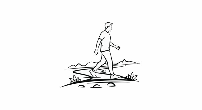 Stylized line drawing of a person walking on a path through a landscape