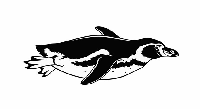 Stylized black and white illustration of a penguin swimming