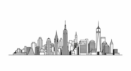Fototapeta premium Stylized black and white illustration of a city skyline with diverse skyscrapers