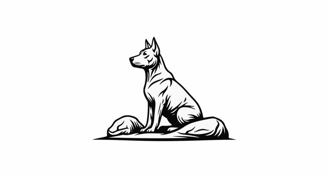 Stylized black and white illustration of a dog sitting with its tail curled