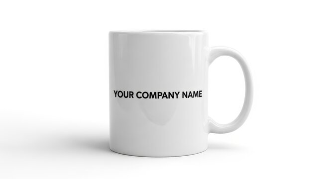 Minimalist white ceramic mug mockup, blank coffee cup with placeholder text, clean porcelain tea mug for corporate branding and logo design