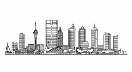 Fototapeta premium Stylized line drawing of a modern city skyline with diverse skyscrapers and a tower