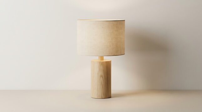 Modern table lamp with cylindrical wood base and linen drum shade on neutral background