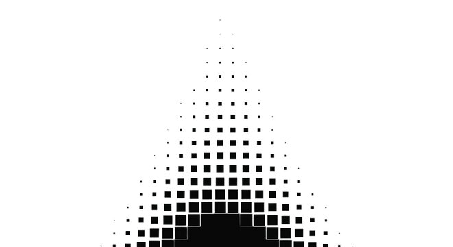 Abstract vector illustration featuring a geometric pattern of black squares arranged in a gradient halftone pyramid shape