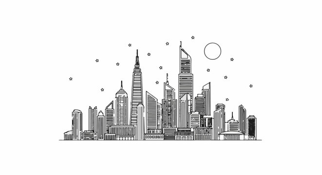 Stylized line art of a city skyline at night with stars and moon