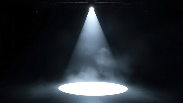 A dramatic stage with a single smoky spotlight creating an atmospheric beam in a dark space. 