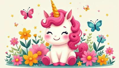 Papier peint photo Licorne Cute unicorn sits among colorful flowers and butterflies. Stars twinkle around the happy mythical creature. Soft pastel colors create a whimsical fantasy scene perfect for children.  © Vadym