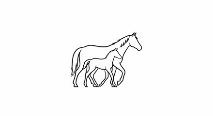 Fototapeta premium Stylized black outline of a mother horse and its foal walking together