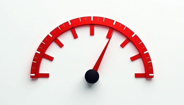 Red speedometer shows high level performance increase. Red indicator on scale measures speed. Arrow points up for progress. Modern dashboard meter shows fast pace.