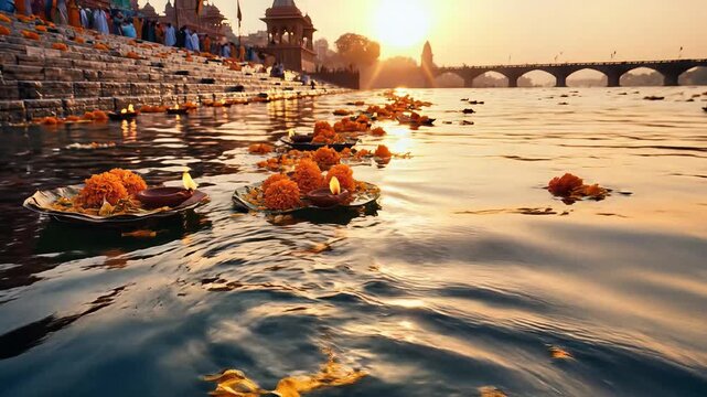 Ganga dussehra spiritual ritual with floating marigold flowers and oil lamps