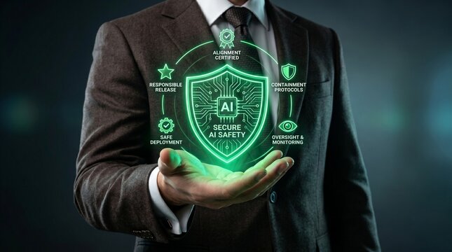 Businessman presenting secure ai safety shield with alignment certified and containment protocols on dark background