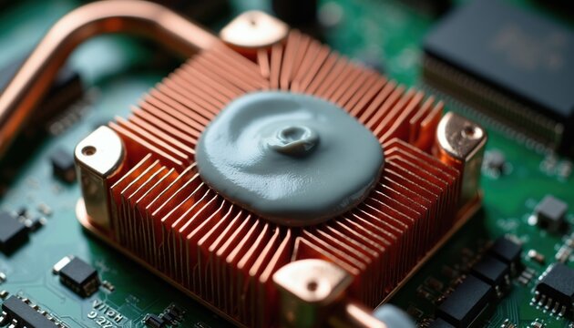 Macro view of copper CPU cooler heatsink with thermal paste applied. Computer hardware detail shows intricate fins and circuit board components for cooling and performance.