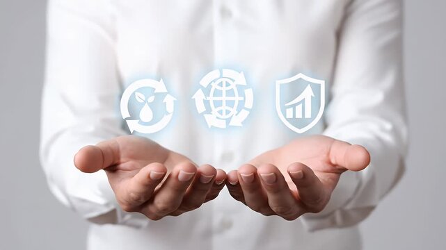 Close Up of Open Hands in White Shirt Displaying Sustainability Icons on Light Gray Background Representing Environmental Responsibility and Growth