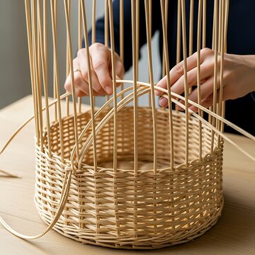 Person weaving a basket with sticks.