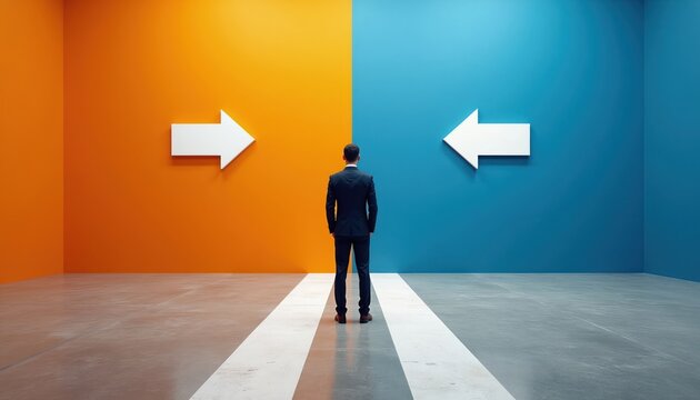 Man in suit stands at crossroads with arrows pointing different directions. Person faces a choice between two paths, considering future decisions and life opportunities.