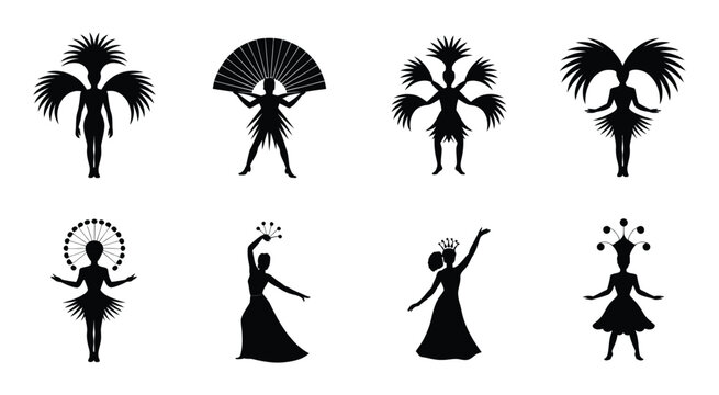 Carnival silhouette icon set with dancing people in traditional costumes suitable for cultural festivals parades entertainment visuals and celebration design projects