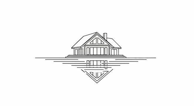 Stylized line art of a modern house with a triangular roof and large windows, reflected in water