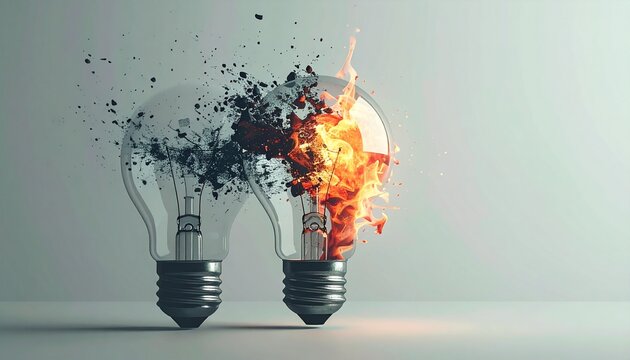 Conceptual image of two light bulbs, one exploding with fire.