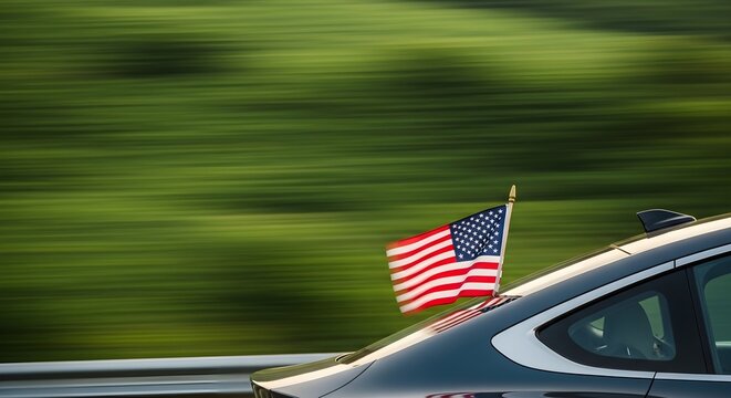 Patriotic journey with an American flag displayed on a car, capturing movement and national spirit on the open road