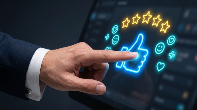 A businessmans hand pointing to a glowing thumbs up icon on a digital screen with various ratings and feedback symbols