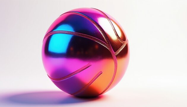 Chrome basketball with retro gradient colors sits isolated on white background. This modern sport sphere has reflective iridescent sheen and smooth lines.