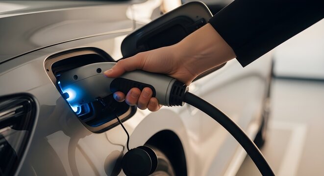 A close-up view of a hand securely plugging an electric vehicle into its charging station, illustrating the seamless integration of sustainable energy into daily transport and future mobility