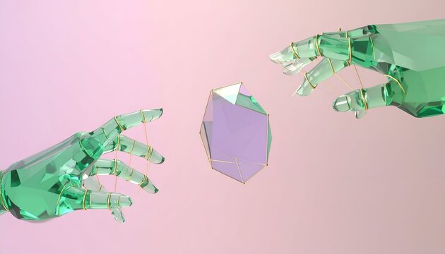 Striking futuristic 3D conceptual design of green metallic robotic hands gently reaching for a glowing floating diamond.