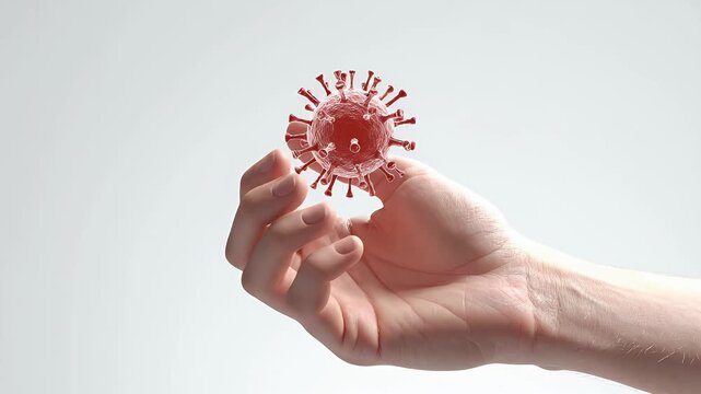 Close Up of Pale Human Hand with Red Spiked Virus on Light Gray Background in Studio Lighting Disease Concept