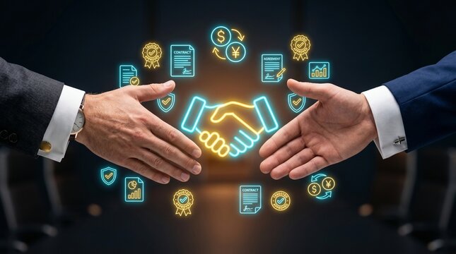 Business partnership and agreement concept with handshake and icons floating in the air around it