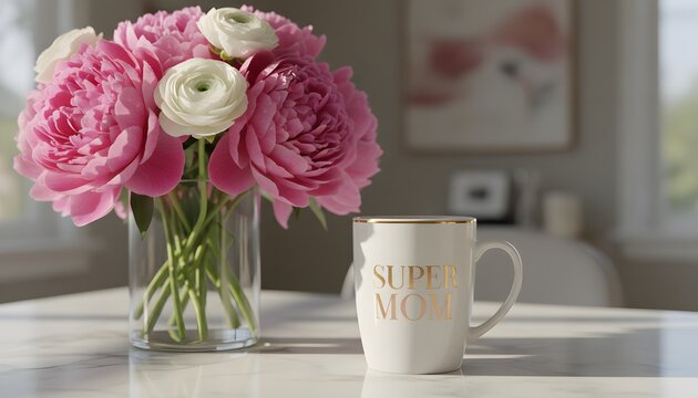 White mug with gold supermom lettering and a bouquet of pink peonies on a marble table for a Mother's Day celebration concept in a bright home interior