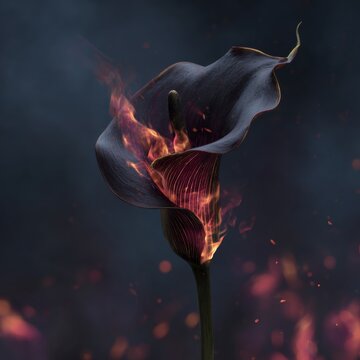 black calla lily burning. Breakup, end of relationship, grief concept and metaphor. Mental health and suffering.