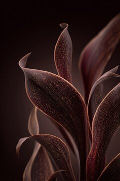 abstract organic curvy leaves of plant,  in dark brown burgundy with refined plant inspired detail with shape similar to flames, Autumn in Japan atmosphere