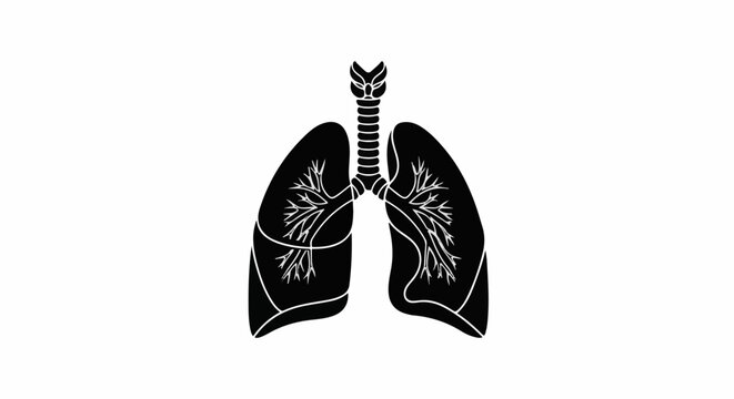 Stylized black illustration of human lungs with trachea and bronchial tree