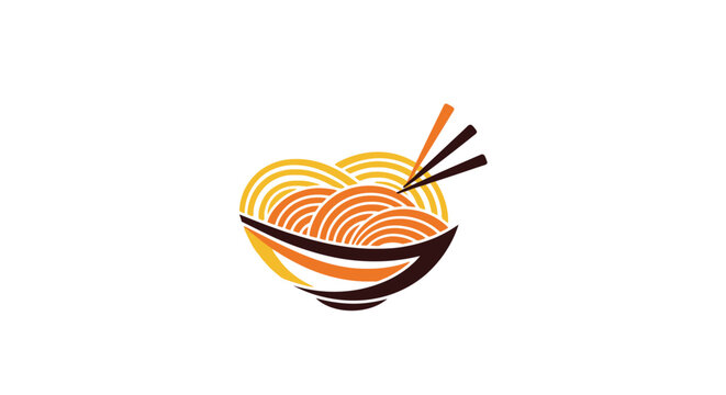 Stylized ramen noodle bowl with chopsticks on white background.