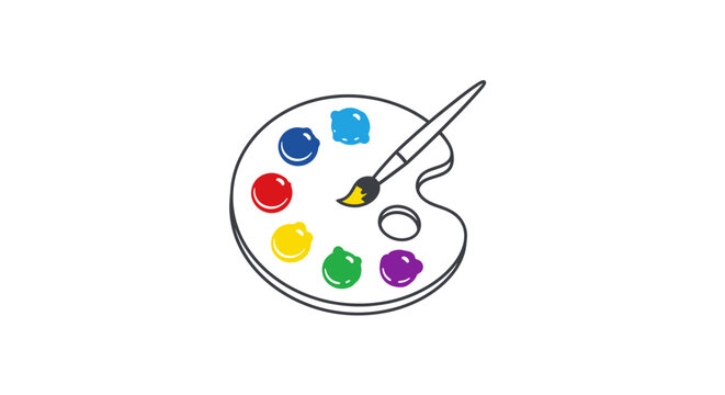 Outline vector icon of an artist's paint palette with colorful paints and a brush