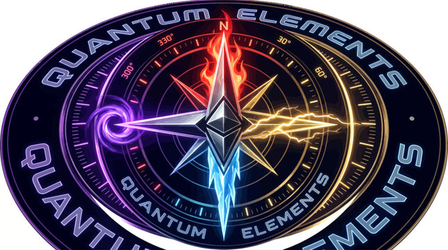 Futuristic digital compass emblem with vibrant elemental energy streams, representing quantum power and dynamic exploration, ideal for gaming or technology logos