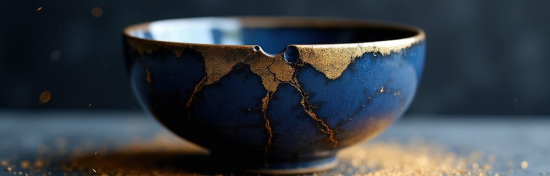 Blue ceramic bowl with gold crack repair. Kintsugi art shows broken pottery mended with lacquer and gold dust. Ancient Japanese craft transforms damage into beauty.