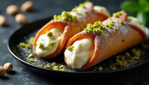 Two Sicilian cannoli with ricotta cream filling and pistachio topping served on black plate. Crispy pastry shells dusted with powdered sugar. Italian dessert assortment.