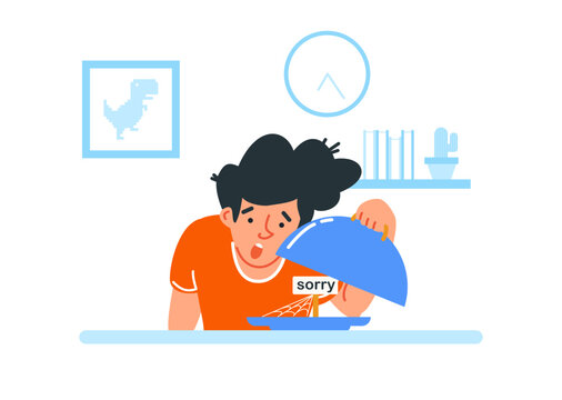 Empty page illustration with man sweeping with broom and apologizing, vector concept for blank state and no content found design