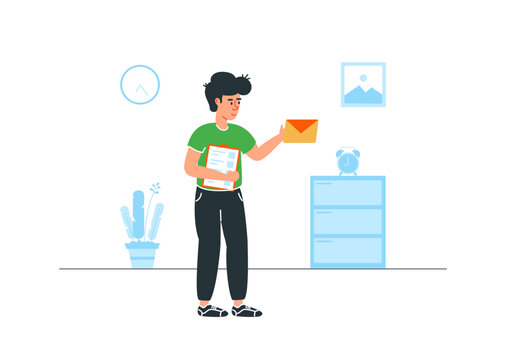 Draft message illustration with man holding clipboard and envelope with clock, vector concept for unsent email and pending message