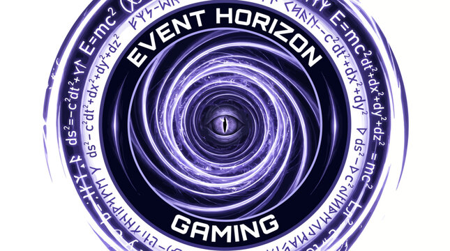 Powerful futuristic gaming emblem with a mesmerizing cosmic vortex eye, intricately designed amidst scientific equations, symbolizing an intense event horizon