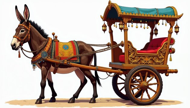 Ornate donkey cart with red seating and decorative gold carvings. Donkey wears a decorated saddle blanket and bridle. Traditional transport illustration with lamps and tassels.